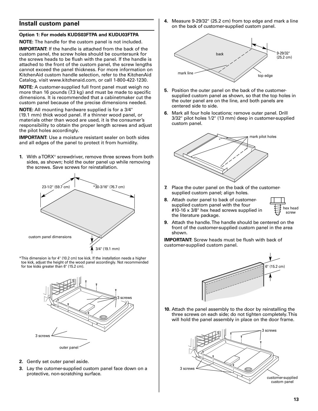 KitchenAid W10078153A installation instructions Install custom panel, Option 1 For models KUDS03FTPA and KUDU03FTPA 