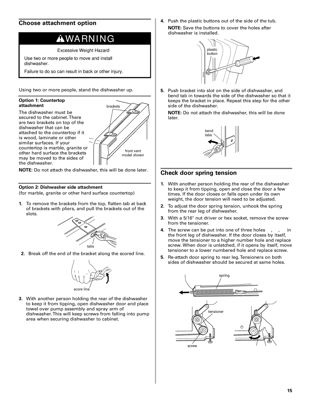 KitchenAid W10078153A Choose attachment option, Check door spring tension, Option 1 Countertop attachment 