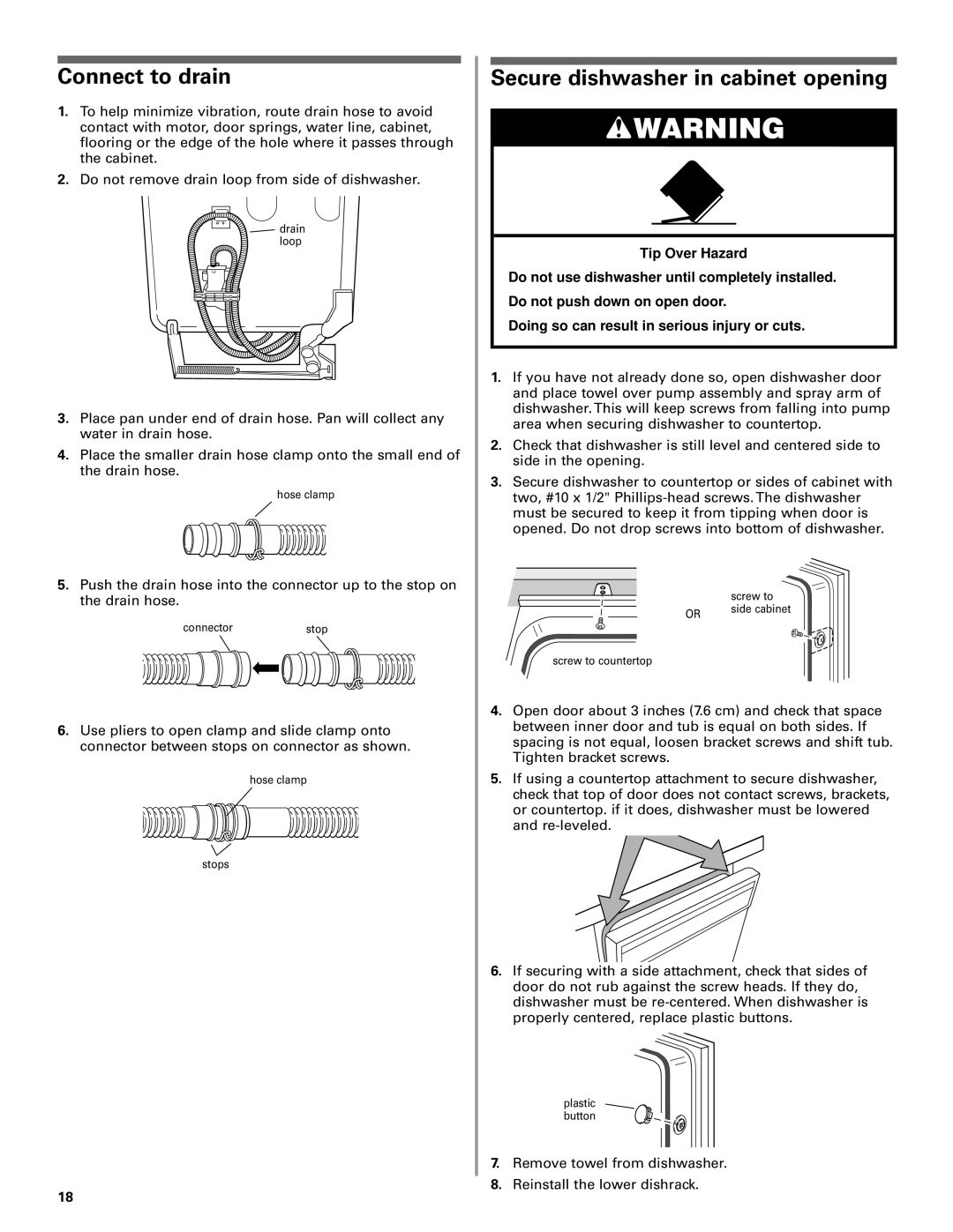 KitchenAid W10078153A installation instructions Connect to drain, Secure dishwasher in cabinet opening 