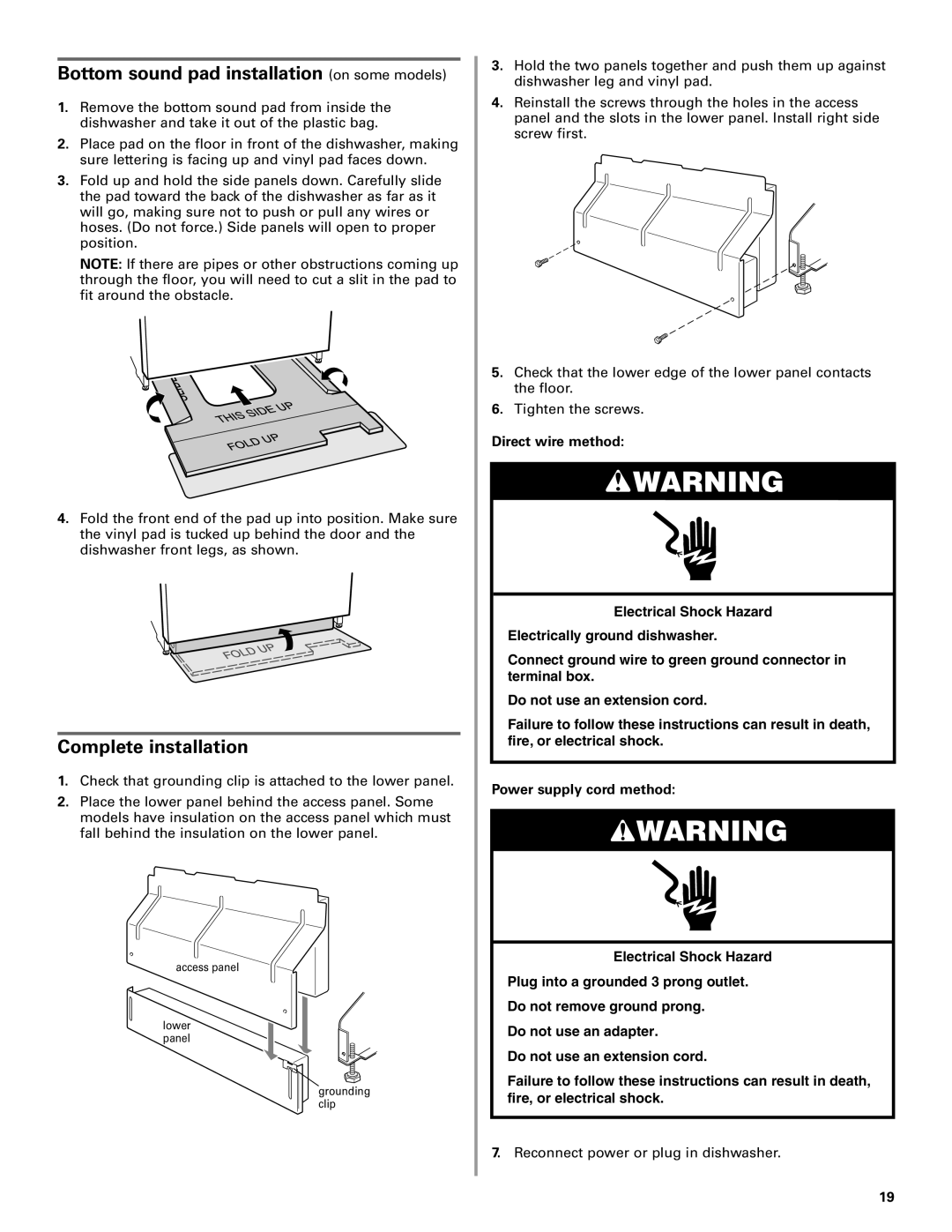 KitchenAid W10078153A installation instructions Bottom sound pad installation on some models, Complete installation 