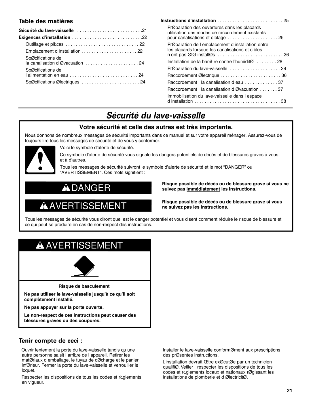 KitchenAid W10078153A installation instructions Sécurité du lave-vaisselle, Table des matières, Tenir compte de ceci 