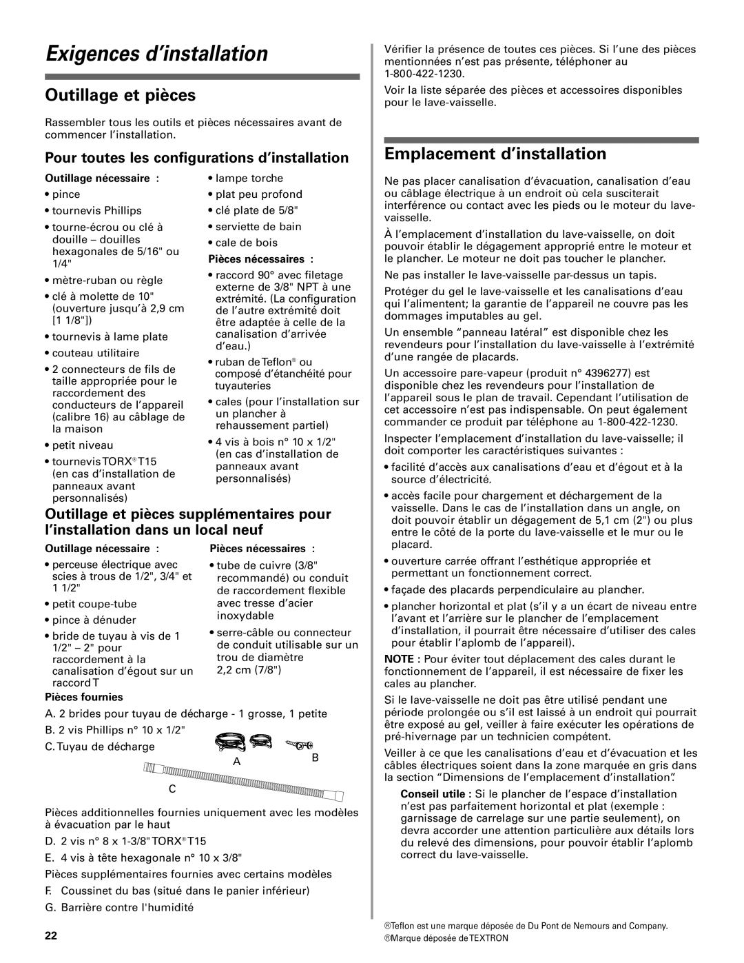 KitchenAid W10078153A installation instructions Exigences d’installation, Outillage et pièces, Emplacement d’installation 