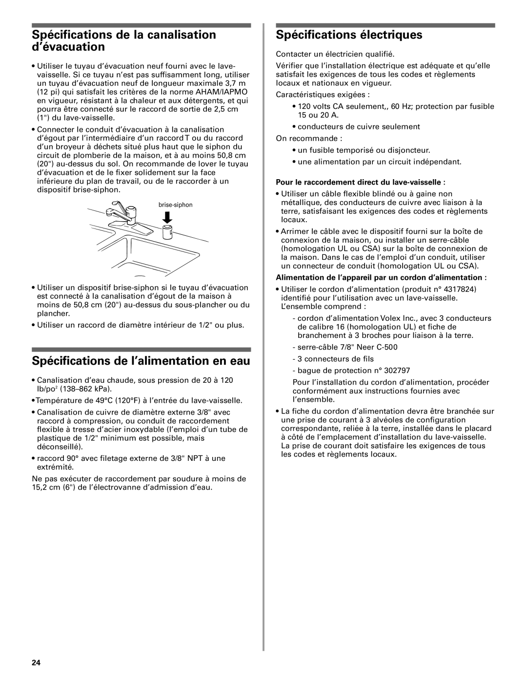 KitchenAid W10078153A Spécifications de la canalisation d’évacuation, Spécifications de l’alimentation en eau 