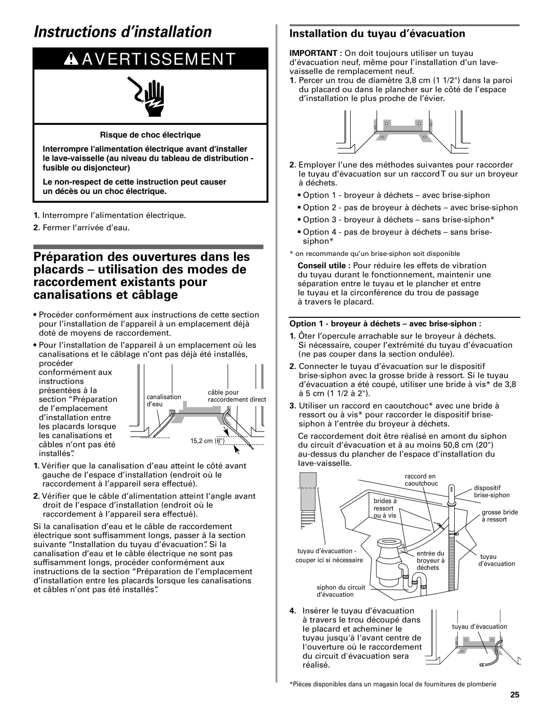 KitchenAid W10078153A installation instructions Instructions d’installation, Installation du tuyau d’évacuation 