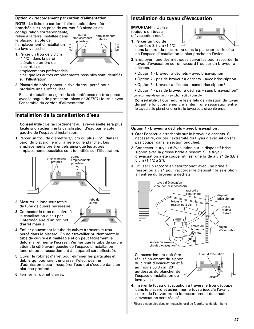 KitchenAid W10078153A Installation de la canalisation d’eau, Option 2 raccordement par cordon d’alimentation 