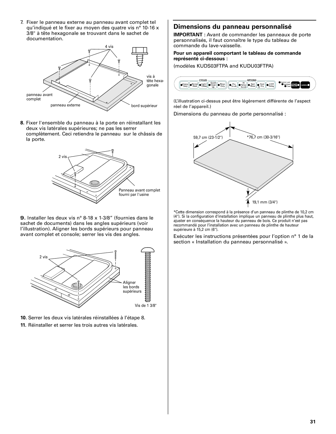 KitchenAid W10078153A Dimensions du panneau personnalisé, Dimensions du panneau de porte personnalisé 