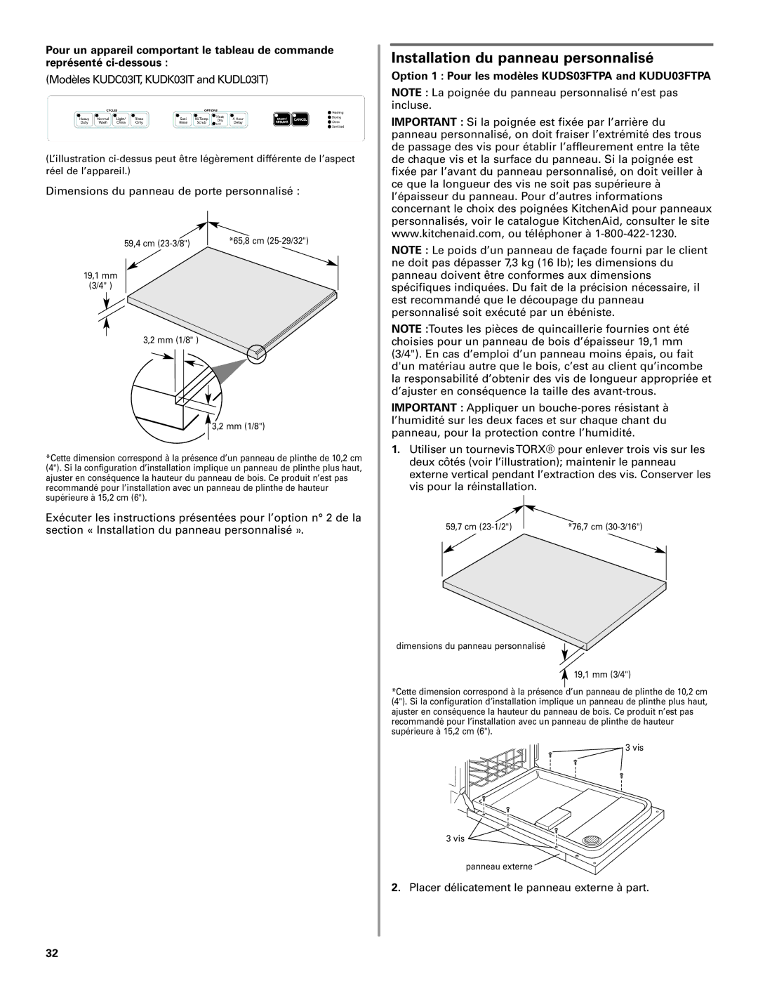 KitchenAid W10078153A Installation du panneau personnalisé, Option 1 Pour les modèles KUDS03FTPA and KUDU03FTPA 