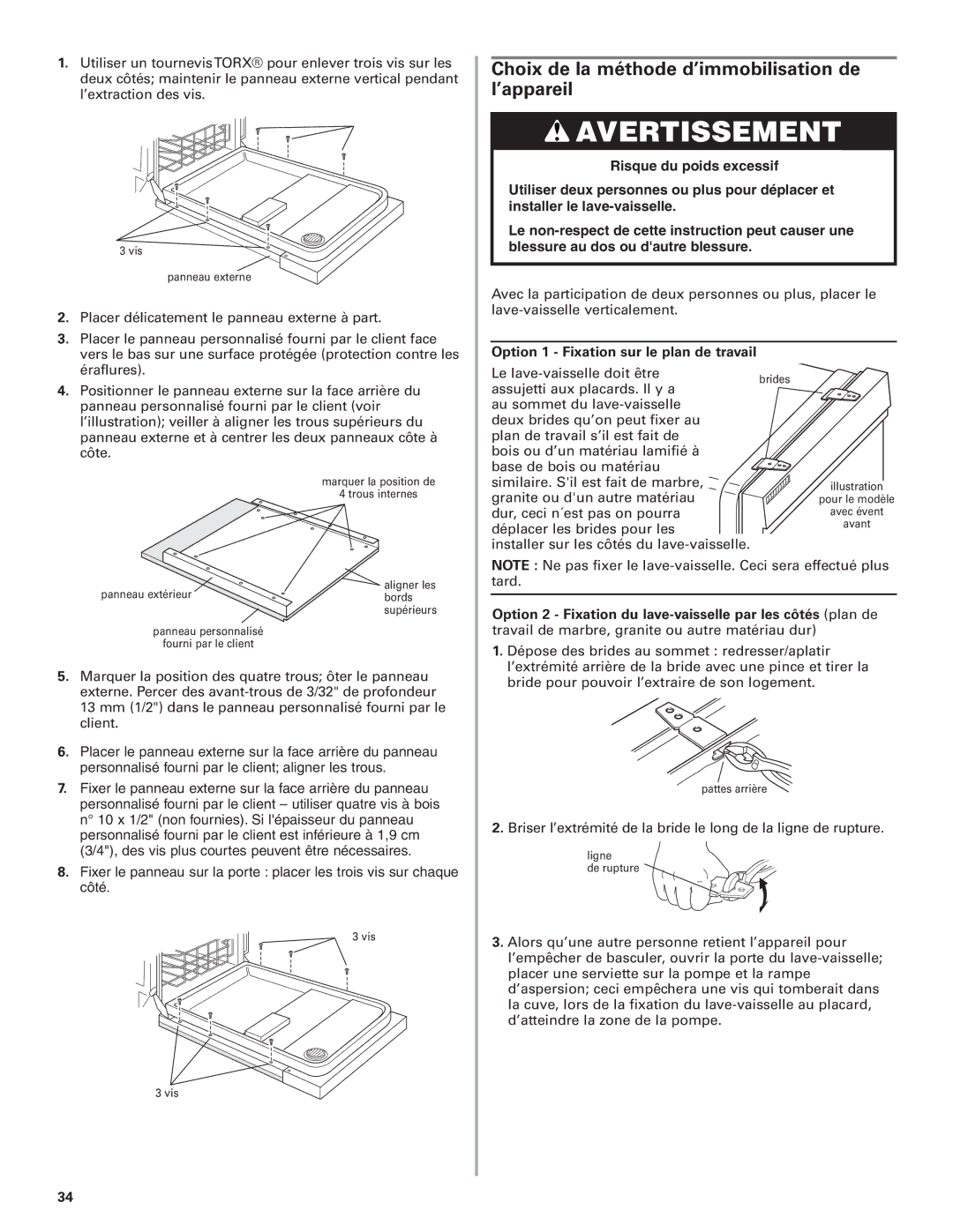 KitchenAid W10078153A Choix de la méthode d’immobilisation de l’appareil, Placer délicatement le panneau externe à part 