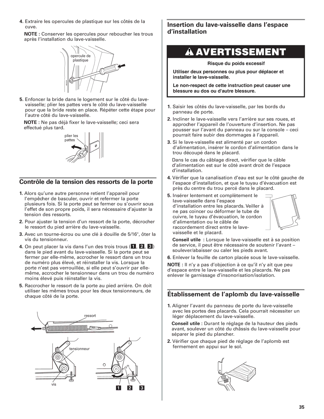 KitchenAid W10078153A Contrôle de la tension des ressorts de la porte, Établissement de l’aplomb du lave-vaisselle 