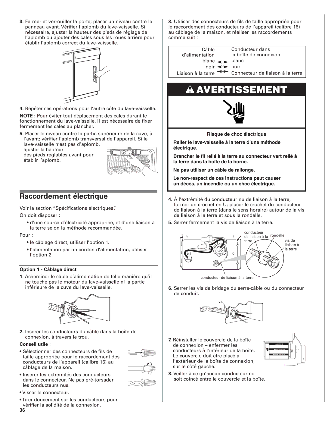 KitchenAid W10078153A installation instructions Raccordement électrique, Option 1 Câblage direct, Conseil utile 