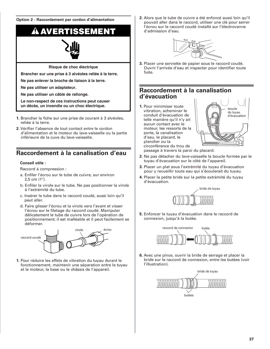 KitchenAid W10078153A Raccordement à la canalisation d’eau, Raccordement à la canalisation d’évacuation 