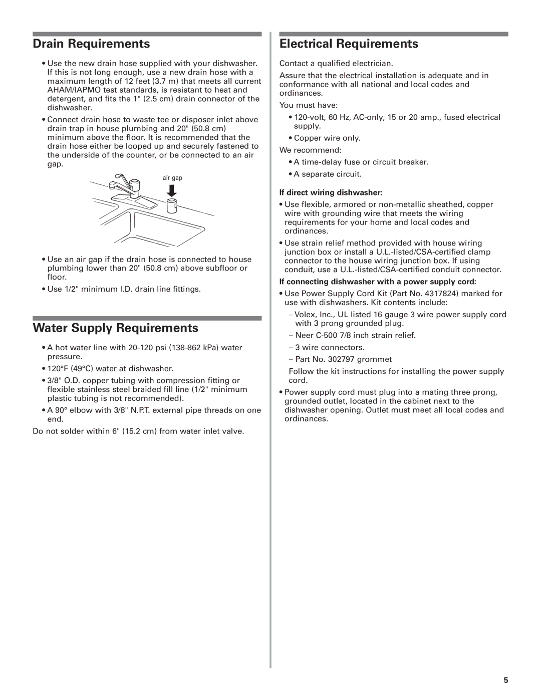 KitchenAid W10078153A Drain Requirements, Water Supply Requirements, Electrical Requirements, If direct wiring dishwasher 