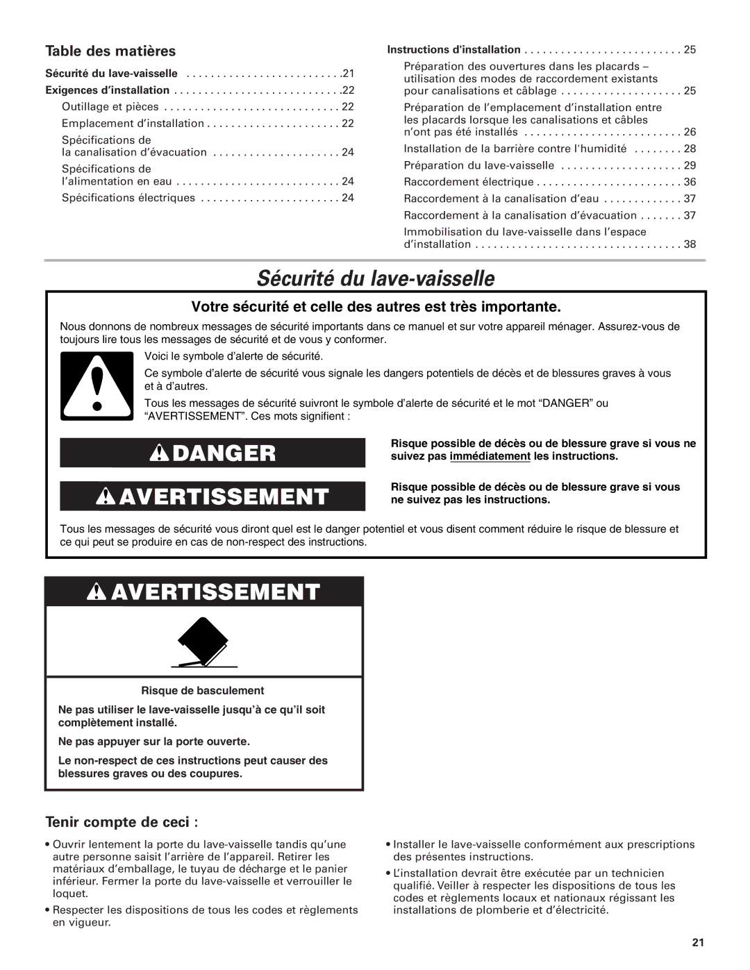 KitchenAid W10078153B installation instructions Sécurité du lave-vaisselle, Table des matières, Tenir compte de ceci 