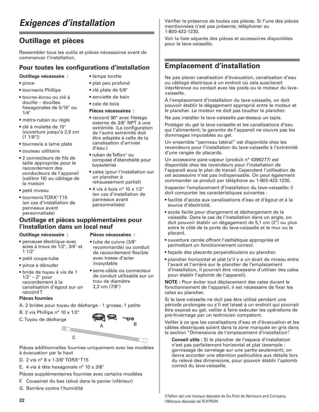 KitchenAid W10078153B installation instructions Exigences d’installation, Outillage et pièces, Emplacement d’installation 