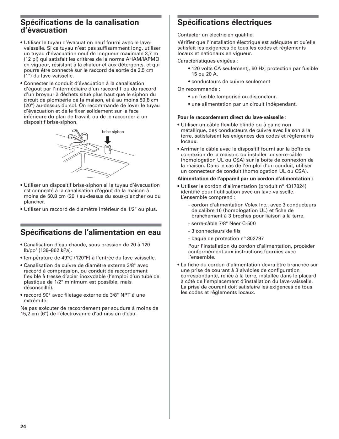 KitchenAid W10078153B Spécifications de la canalisation d’évacuation, Spécifications de l’alimentation en eau 