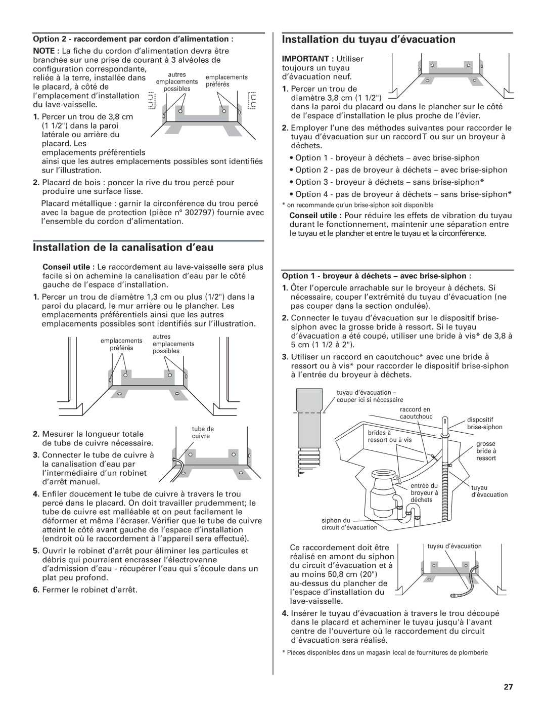 KitchenAid W10078153B Installation de la canalisation d’eau, Option 2 raccordement par cordon d’alimentation 