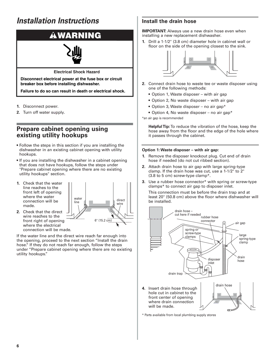 KitchenAid W10078153B Installation Instructions, Prepare cabinet opening using existing utility hookups 