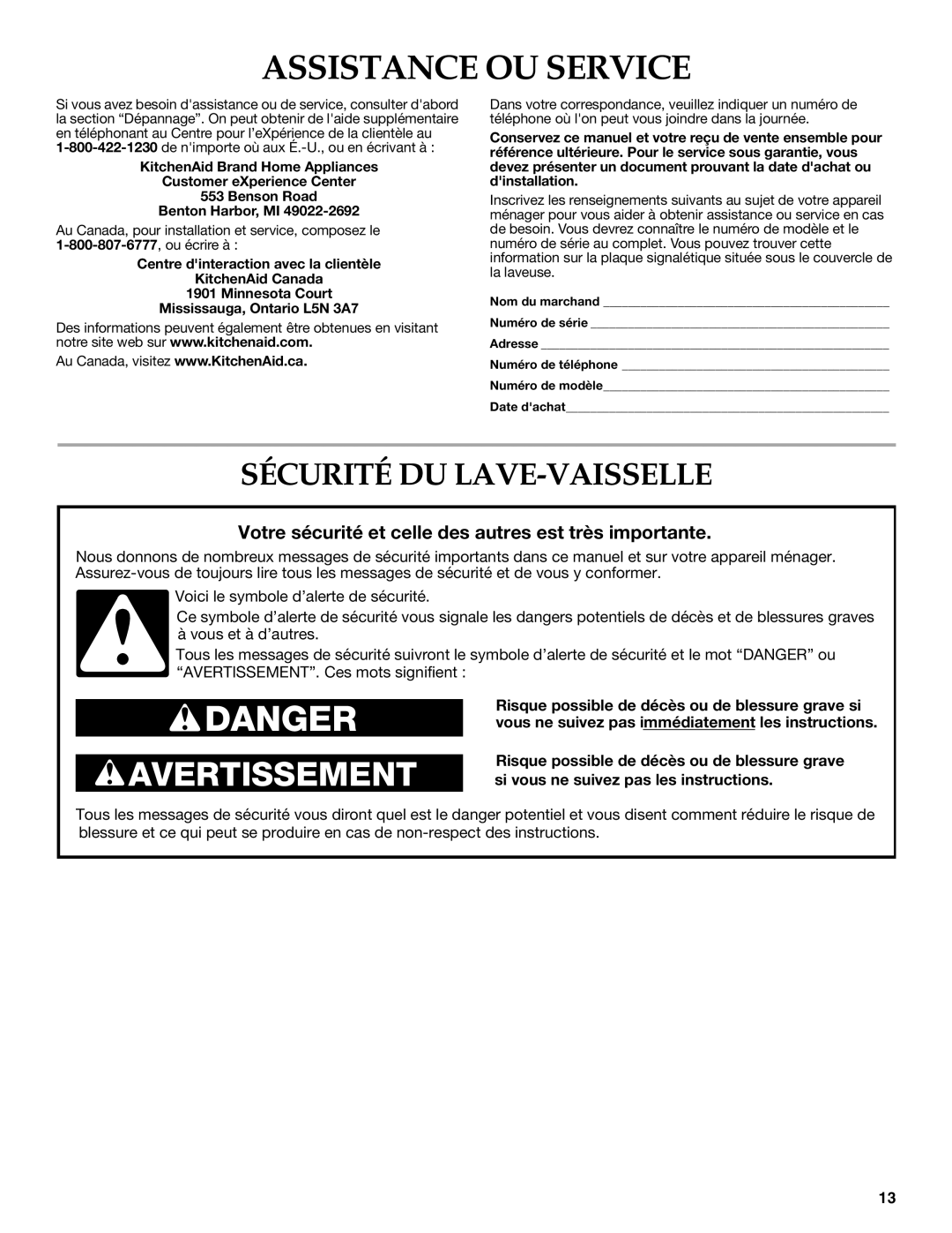 KitchenAid W10084453A warranty Assistance OU Service, Sécurité DU LAVE-VAISSELLE 