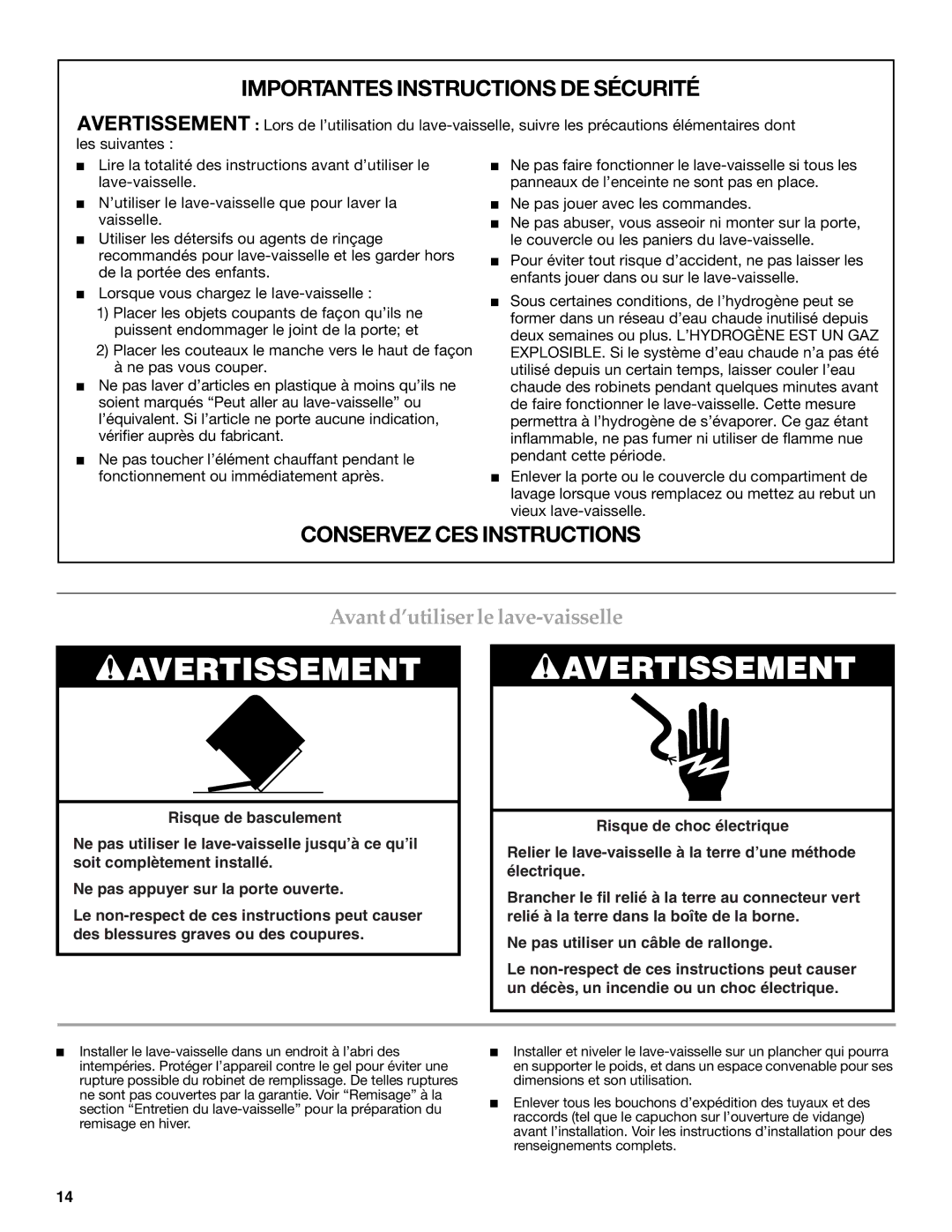 KitchenAid W10084453A warranty Importantes Instructions DE Sécurité, Avant d’utiliser le lave-vaisselle 