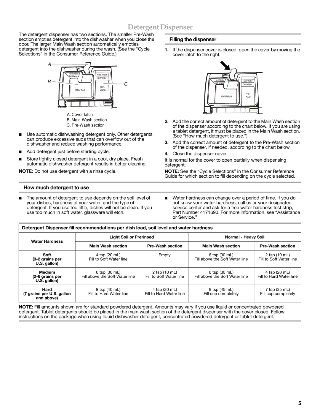 KitchenAid W10084453A warranty Detergent Dispenser, Filling the dispenser, How much detergent to use 