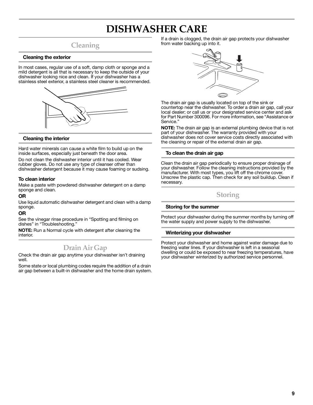 KitchenAid W10084453A warranty Dishwasher Care, Cleaning, Drain Air Gap, Storing 