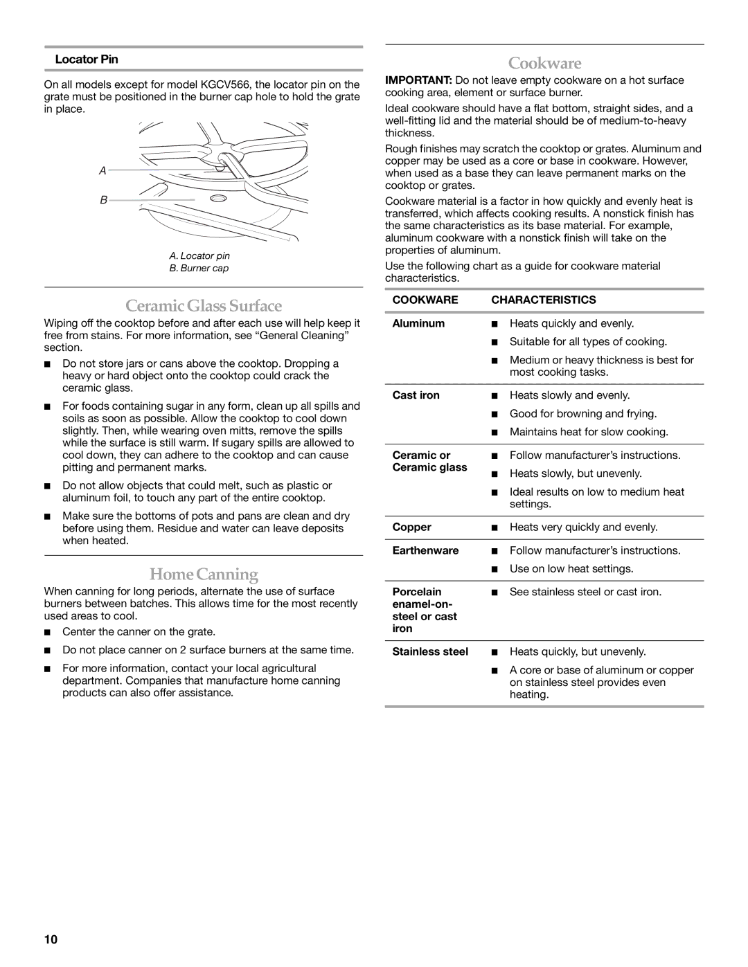 KitchenAid W10086190 manual CeramicGlassSurface, HomeCanning, Locator Pin, Cookware Characteristics 