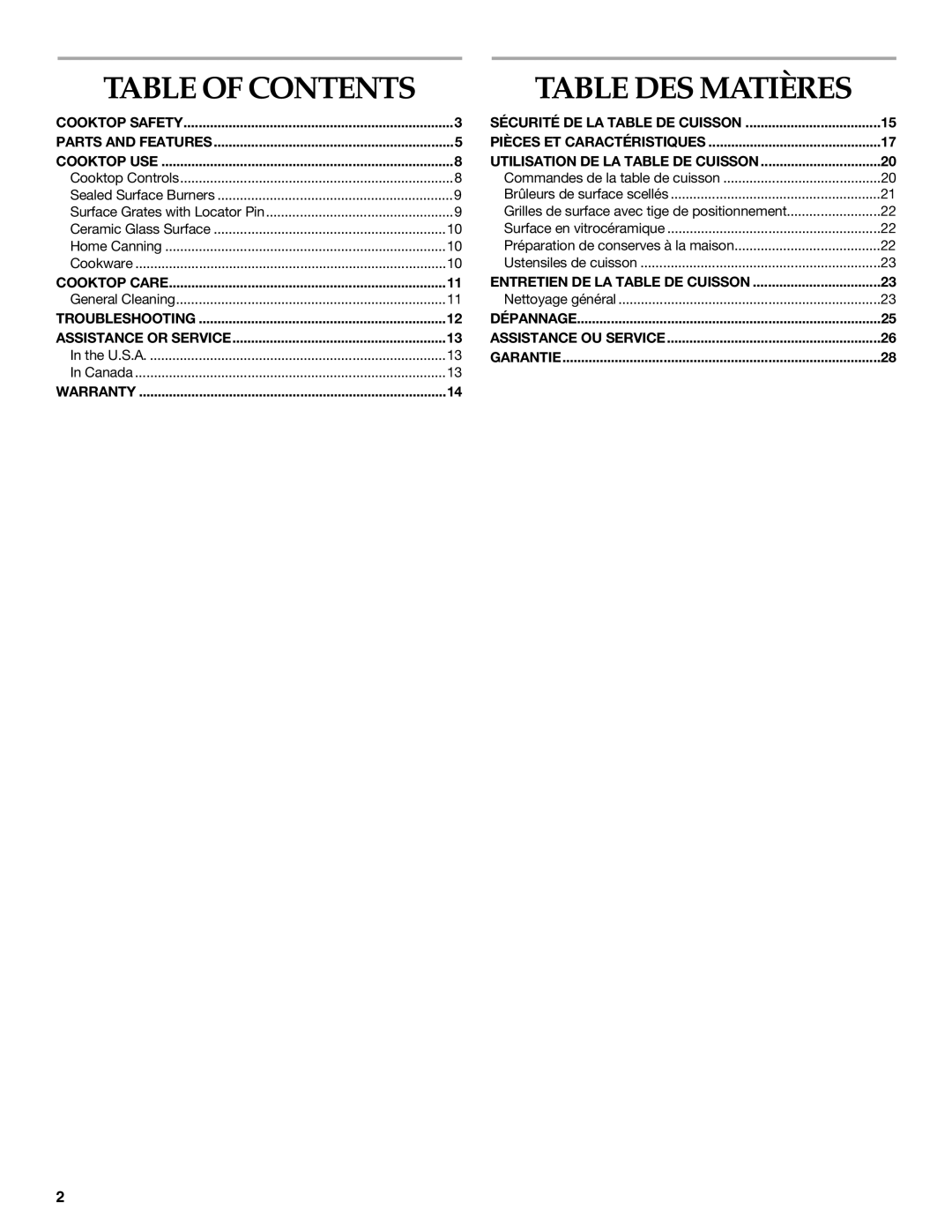 KitchenAid W10086190 manual Table DES Matières, Table of Contents 