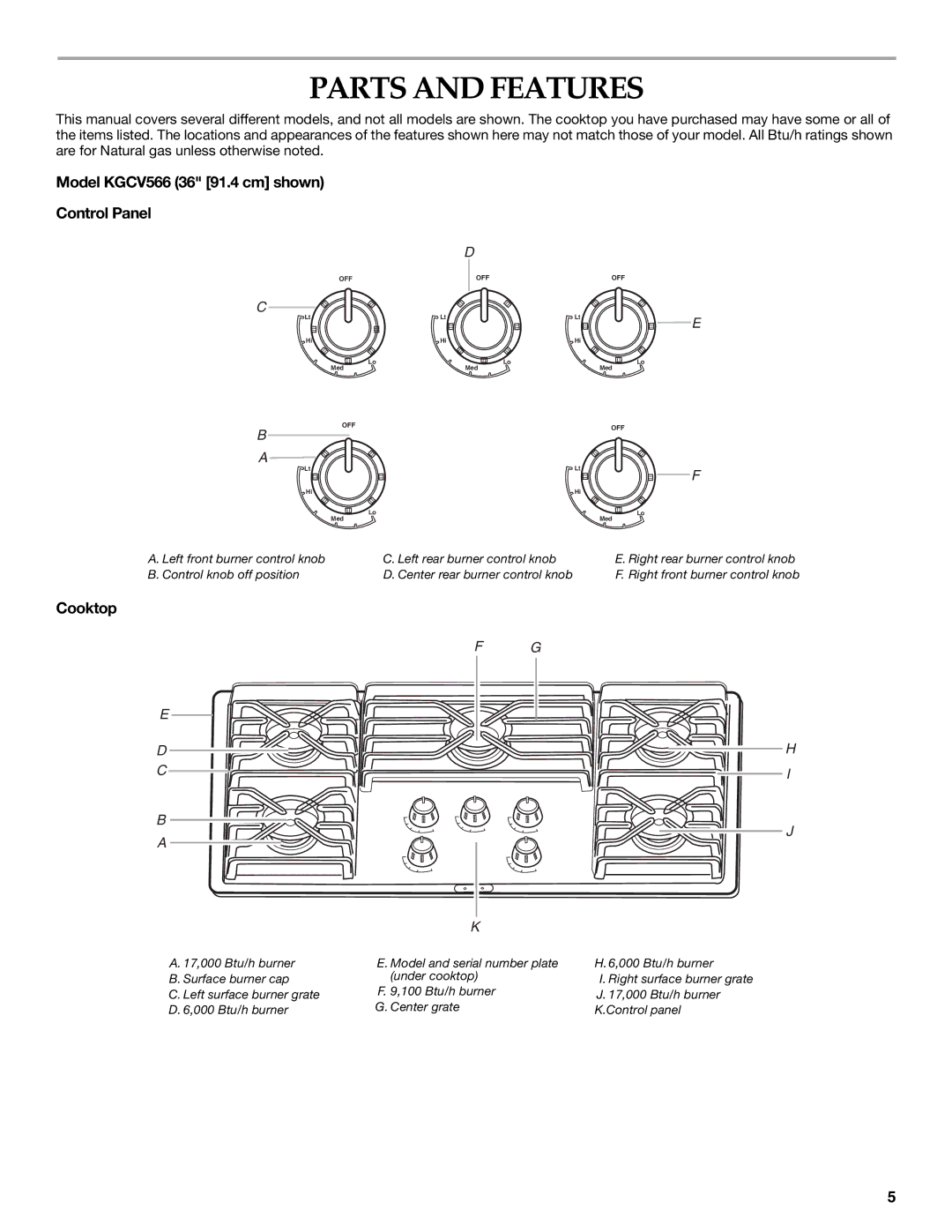 KitchenAid W10086190 manual Parts and Features, Model KGCV566 36 91.4 cm shown Control Panel, Cooktop 