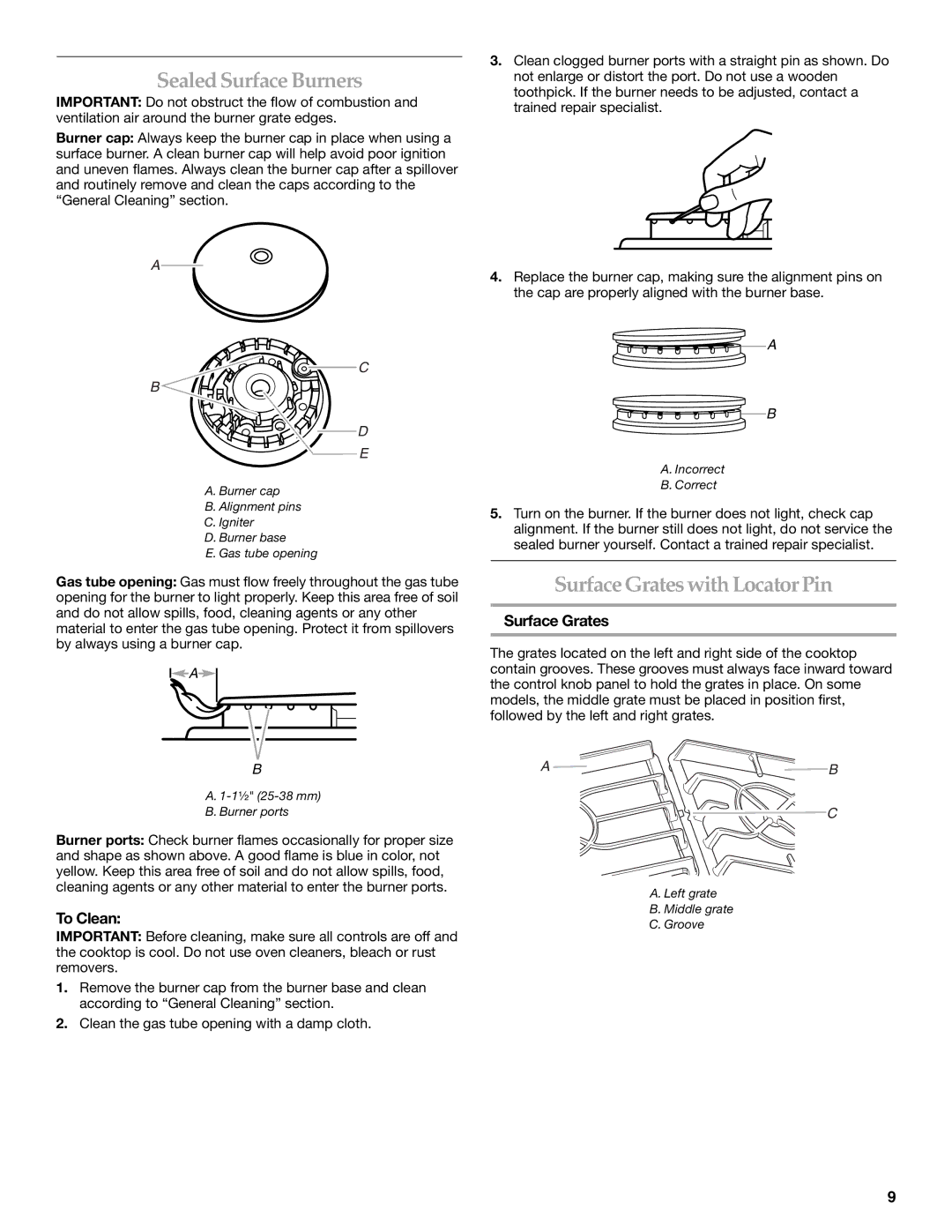 KitchenAid W10086190 manual SealedSurfaceBurners, SurfaceGrateswithLocatorPin, To Clean, Surface Grates 