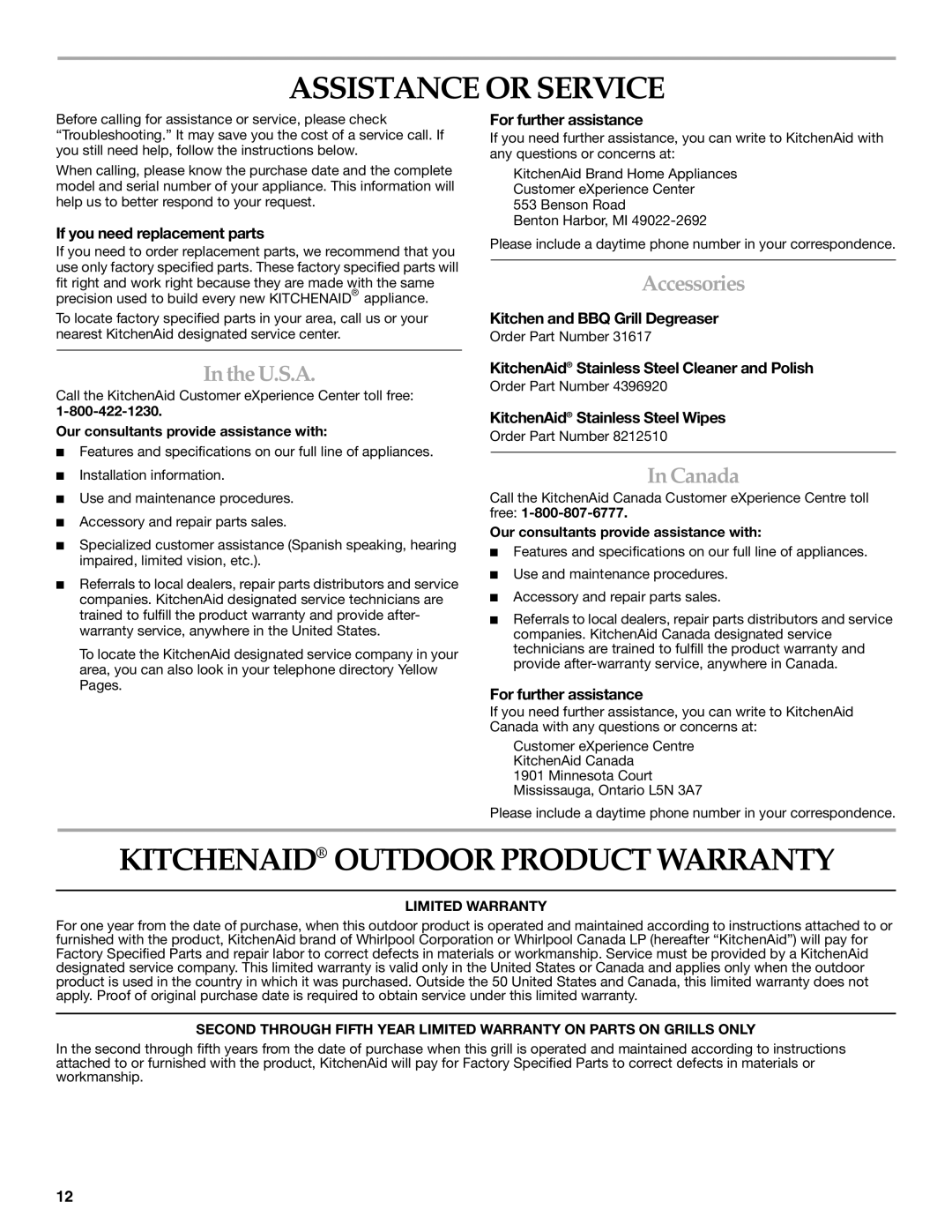 KitchenAid W10117506B Assistance or Service, Kitchenaid Outdoor Product Warranty, U.S.A, Accessories, Canada 