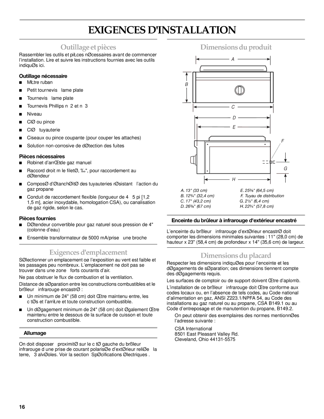 KitchenAid W10117506B Exigences Dinstallation, Outillage et pièces, Dimensions du produit, Exigences demplacement 