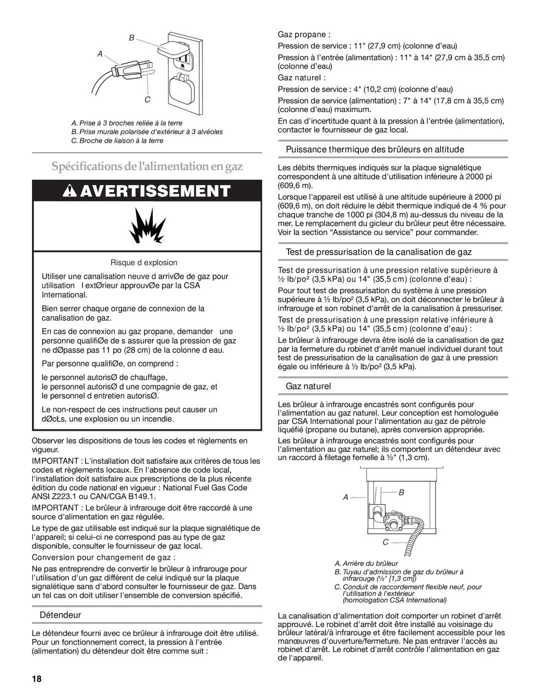 KitchenAid W10117506B Spécifications de lalimentation en gaz, Puissance thermique des brûleurs en altitude, Gaz naturel 