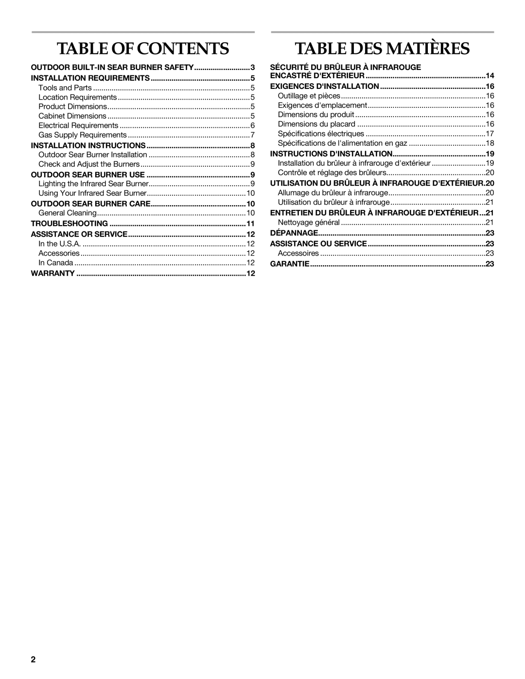 KitchenAid W10117506B installation instructions Table DES Matières, Table of Contents 