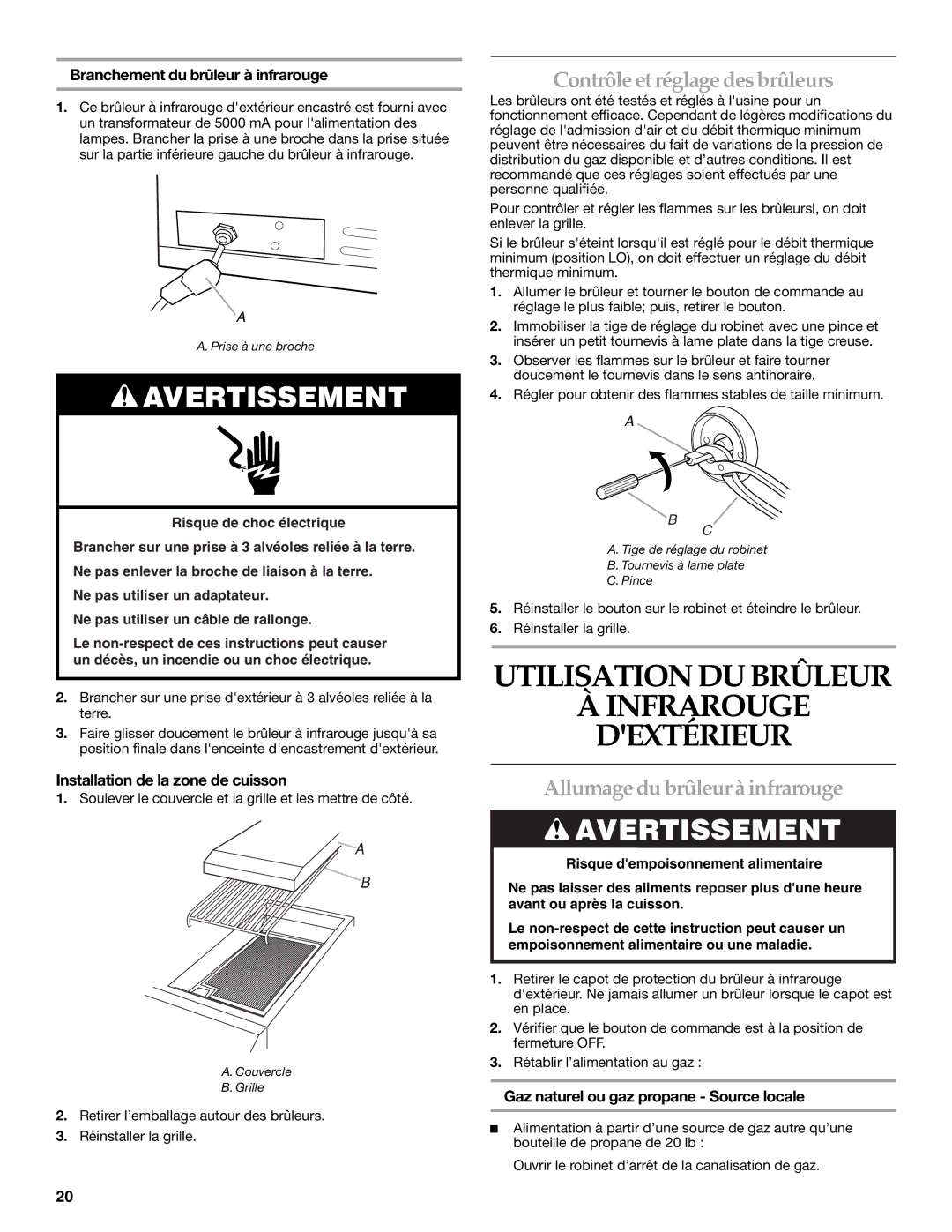 KitchenAid W10117506B Utilisation DU Brûleur, Contrôle et réglage des brûleurs, Allumage du brûleur à infrarouge 