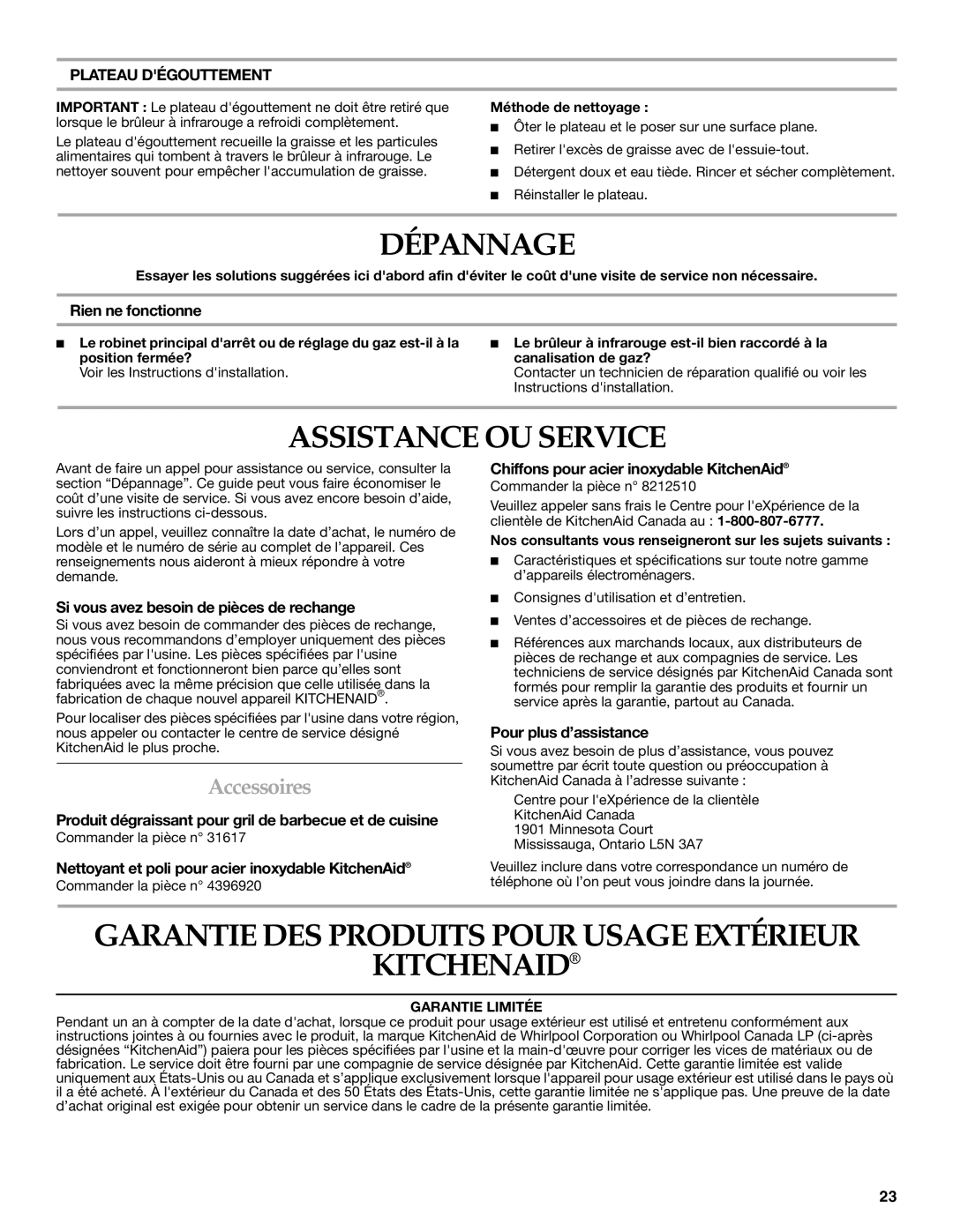 KitchenAid W10117506B Dépannage, Assistance OU Service, Garantie DES Produits Pour Usage Extérieur Kitchenaid, Accessoires 