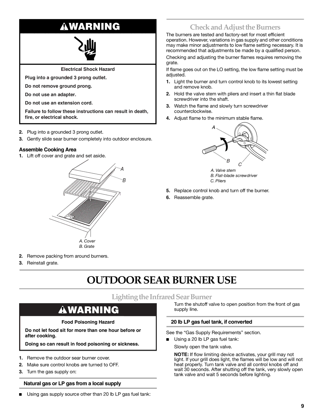 KitchenAid W10117506B Outdoor Sear Burner USE, Check and Adjust the Burners, Lightingthe Infrared Sear Burner 