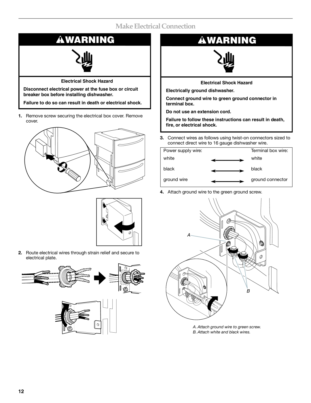 KitchenAid W10118037B installation instructions Make Electrical Connection, Terminal box wire 