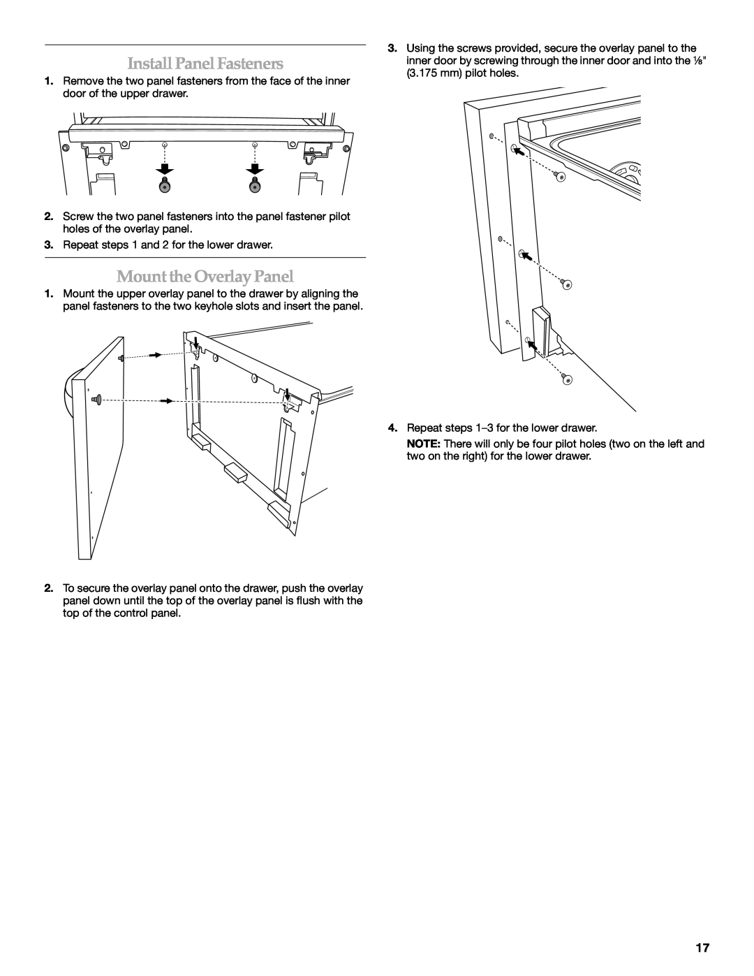 KitchenAid W10118037B installation instructions Install Panel Fasteners, Mount the Overlay Panel 