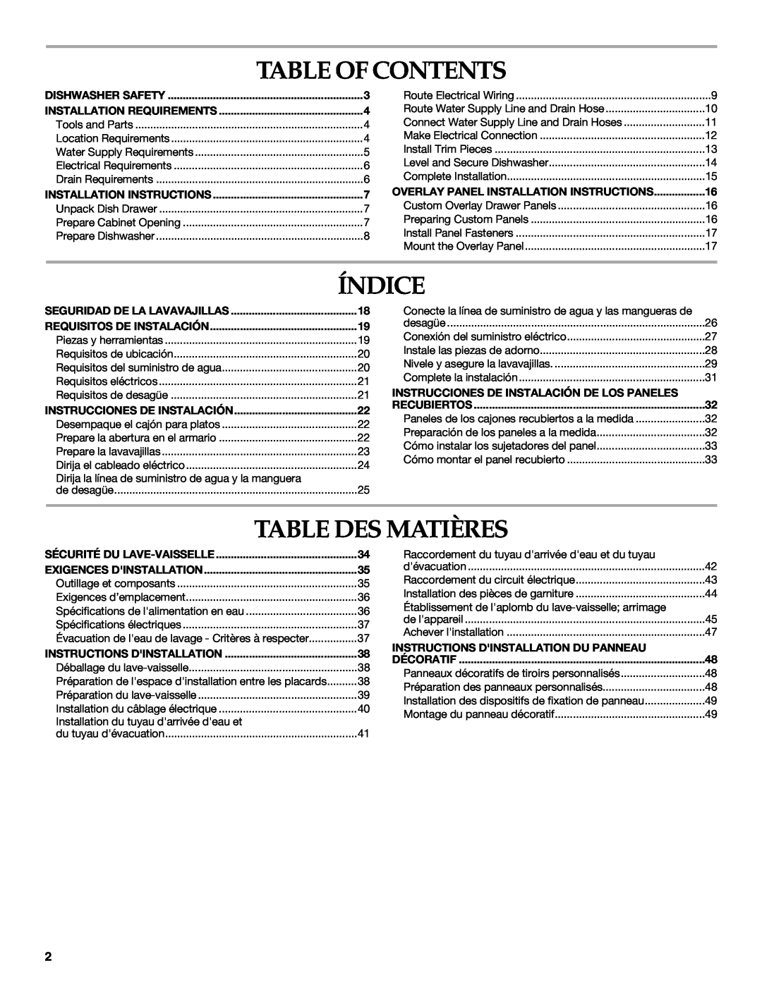 KitchenAid W10118037B Table Of Contents, Índice, Table Des Matières, Dishwasher Safety, Installation Requirements 
