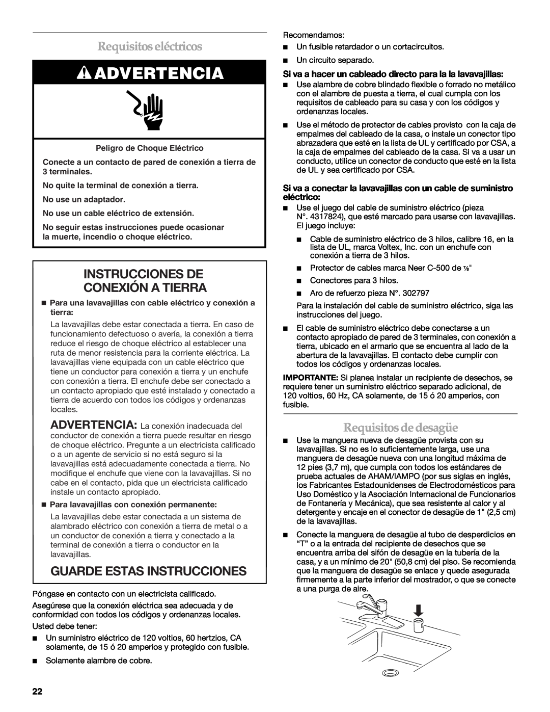 KitchenAid W10118037B Requisitos eléctricos, Instrucciones De Conexión A Tierra, Guarde Estas Instrucciones, Advertencia 