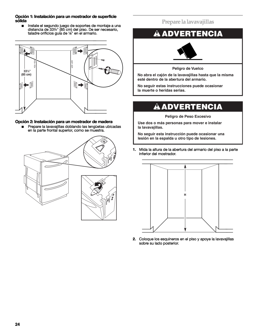 KitchenAid W10118037B Prepare la lavavajillas, Opción 1 Instalación para un mostrador de superficie sólida, Advertencia 
