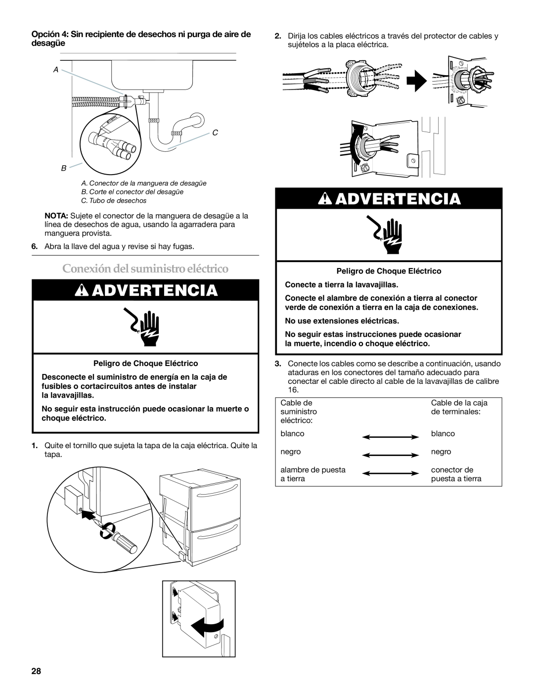 KitchenAid W10118037B Conexión del suministro eléctrico, Opción 4 Sin recipiente de desechos ni purga de aire de desagüe 