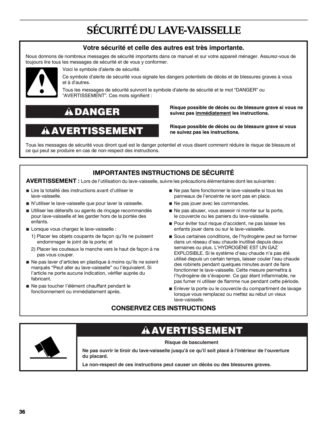 KitchenAid W10118037B Sécurité Du Lave-Vaisselle, Danger Avertissement, Importantes Instructions De Sécurité 