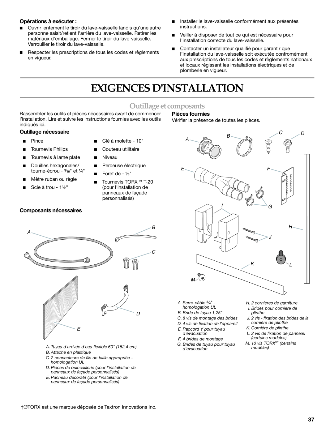 KitchenAid W10118037B Outillage et composants, Opérations à exécuter, Pièces fournies, Outillage nécessaire, A E F I G 