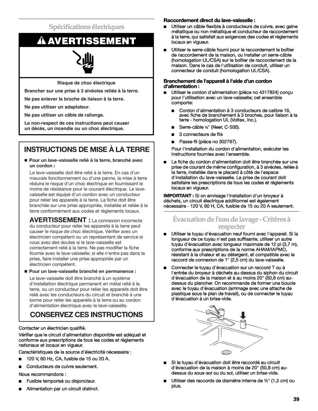 KitchenAid W10118037B Spécifications électriques, Instructions De Mise À La Terre, Conservez Ces Instructions 