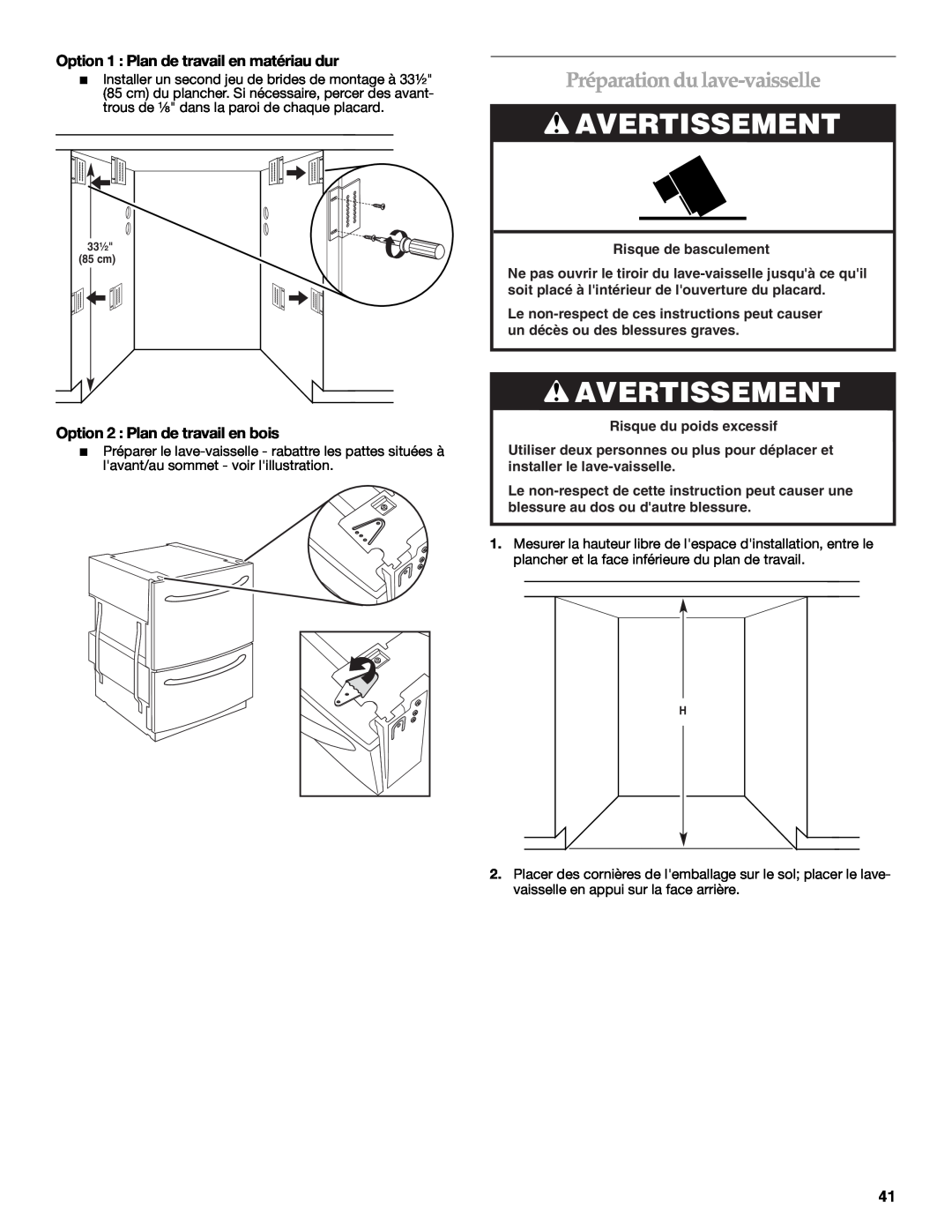 KitchenAid W10118037B Préparation du lave-vaisselle, Option 1 Plan de travail en matériau dur, Avertissement 