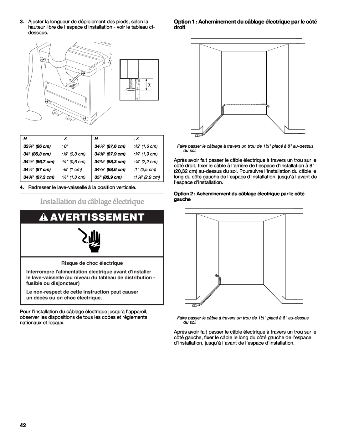 KitchenAid W10118037B Installation du câblage électrique, Option 1 Acheminement du câblage électrique par le côté droit 