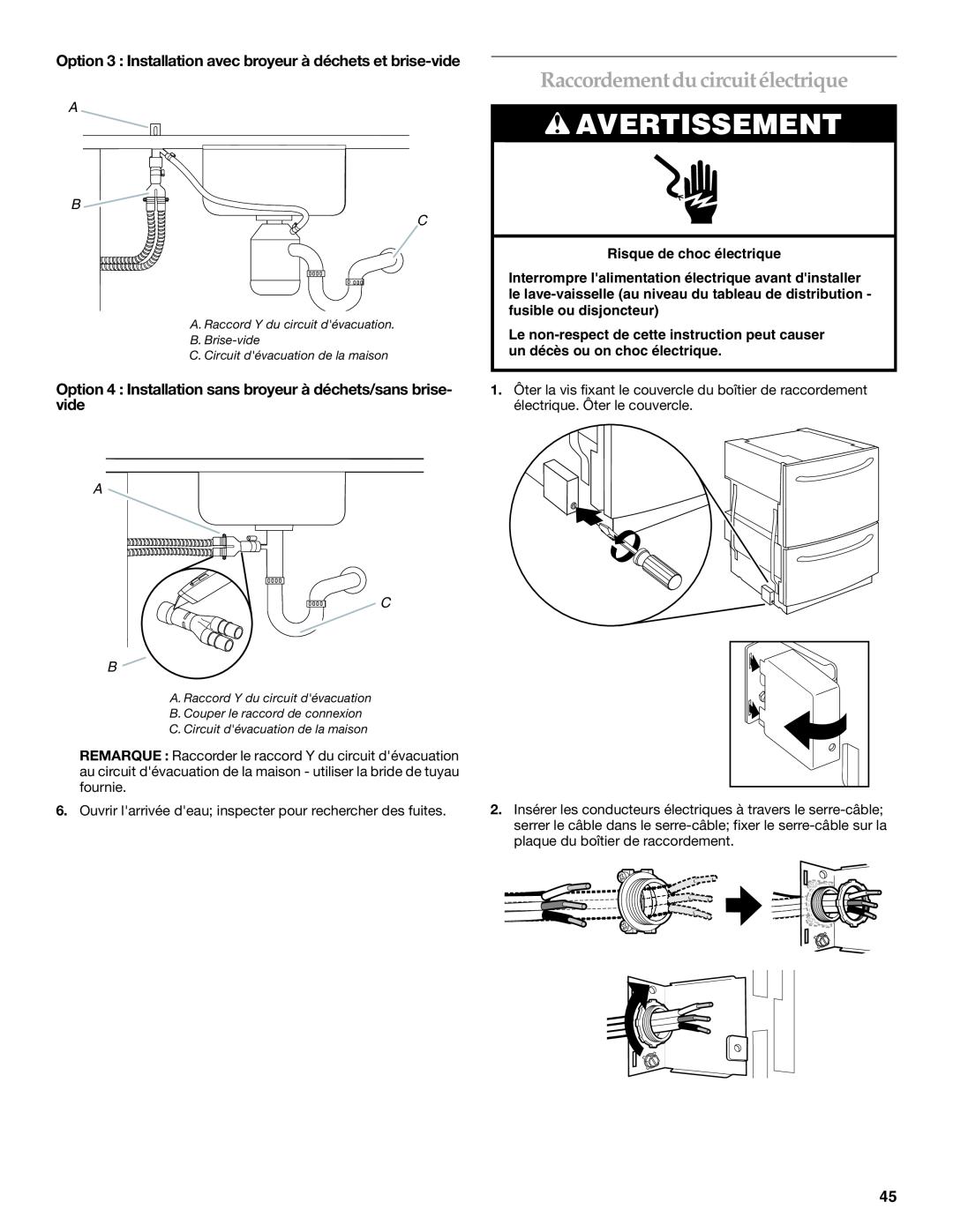 KitchenAid W10118037B Raccordement du circuit électrique, Option 3 Installation avec broyeur à déchets et brise-vide 