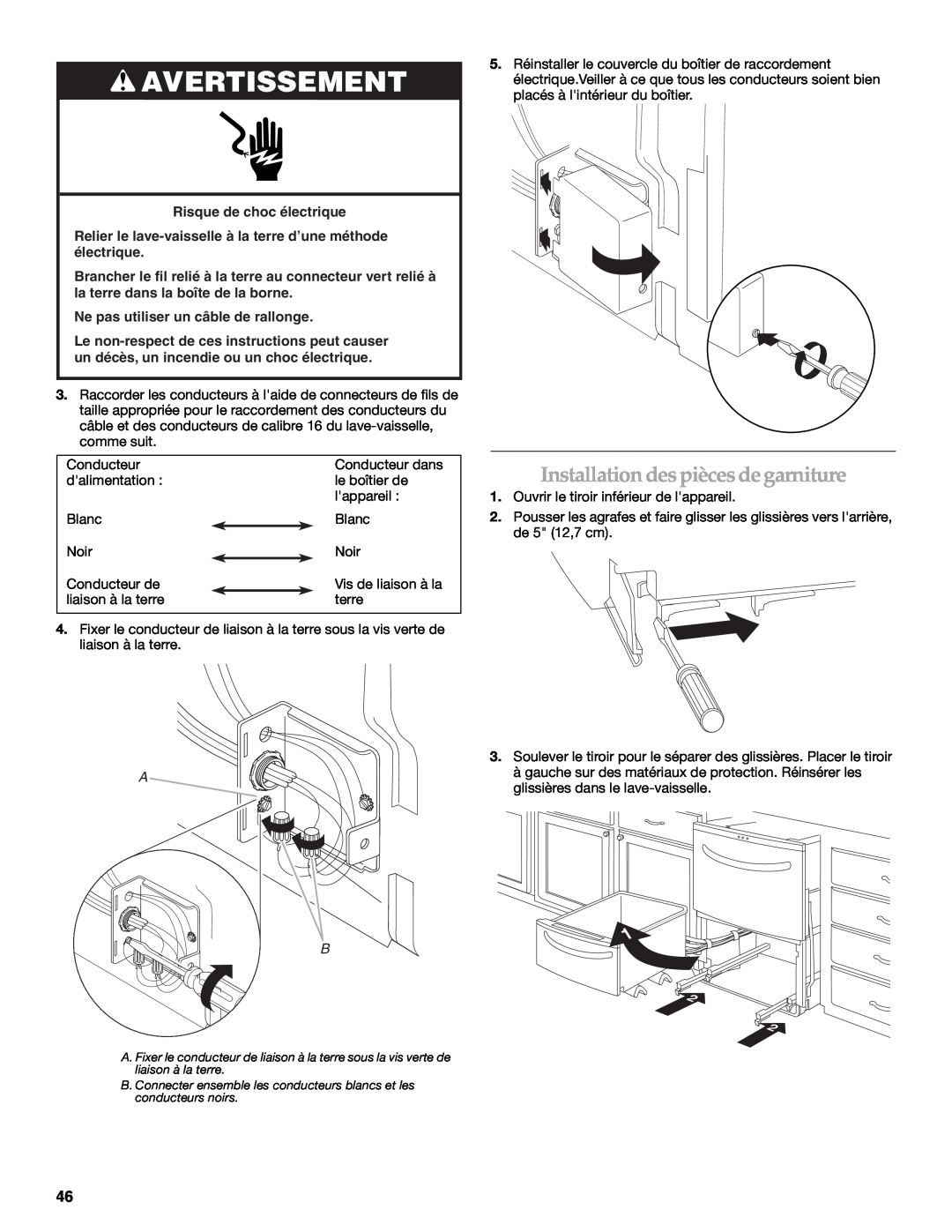 KitchenAid W10118037B installation instructions Installation des pièces de garniture, Avertissement 