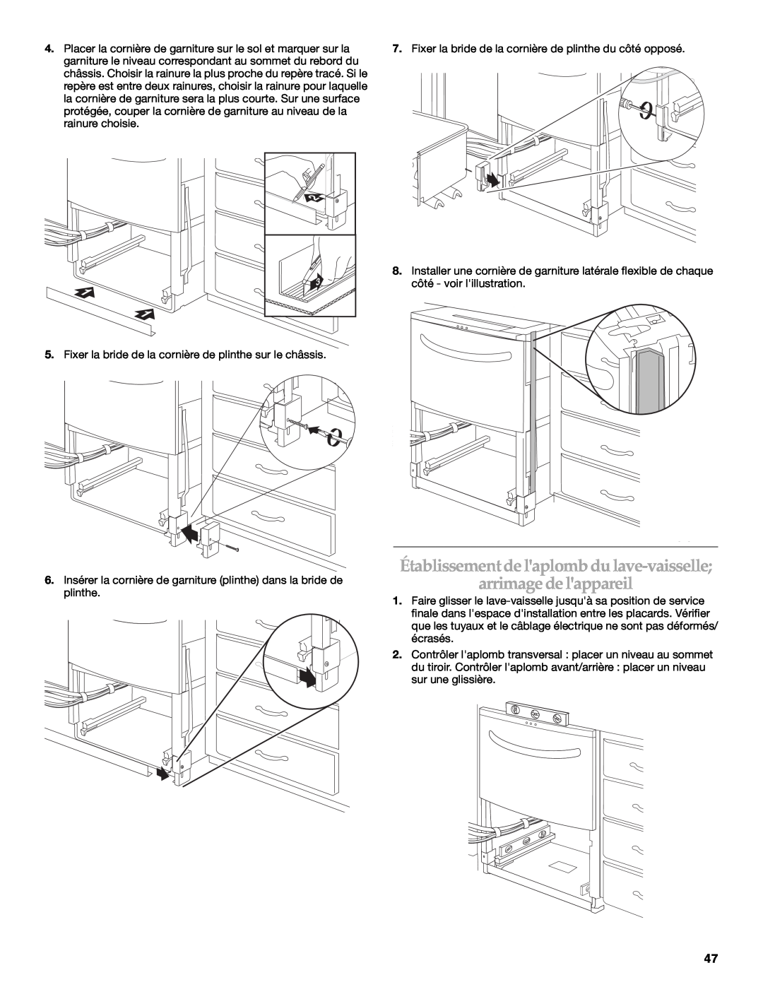 KitchenAid W10118037B installation instructions Établissement de laplomb du lave-vaisselle arrimage de lappareil 